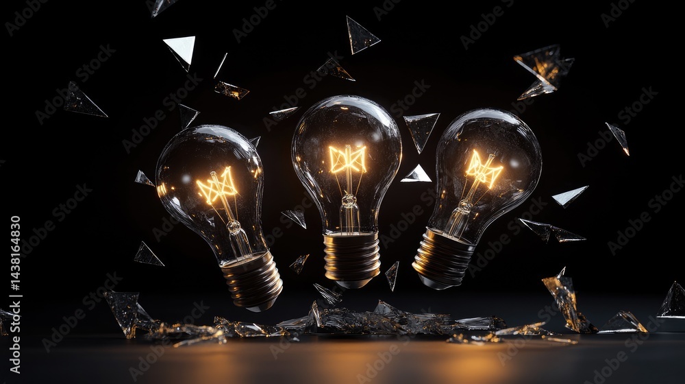 Aufkleber concept art of three lit bulbs surrounded by floating transparent triangles