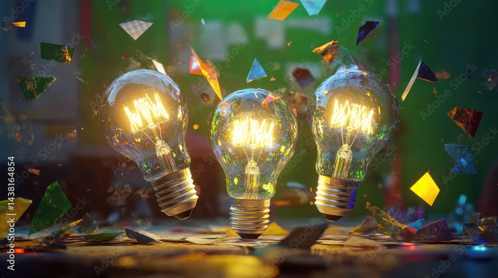Poster Concept art of three lit bulbs surrounded by floating transparent triangles