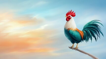 Fototapeta premium Majestic rooster perched on branch against dramatic cloudy sky background