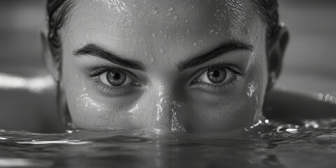 A close-up portrait of a woman in swim gear with a focused, intense gaze and her hand on her face. The image captures the essence of tranquility and athletic elegance.