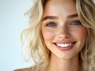 Naklejka premium A close-up portrait of a beautiful woman with fair skin, light eyes, and blonde hair. She's smiling gently with her hand on her hair, exuding confidence and positivity. Her makeup is minimalistic,