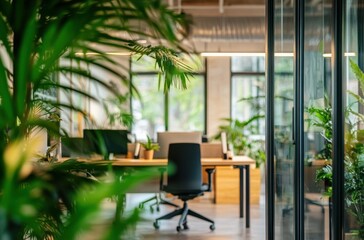 Fototapeta premium Bright open office interior, glass-walled meeting room