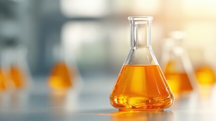 A glass beaker filled with orange liquid sitting on a table