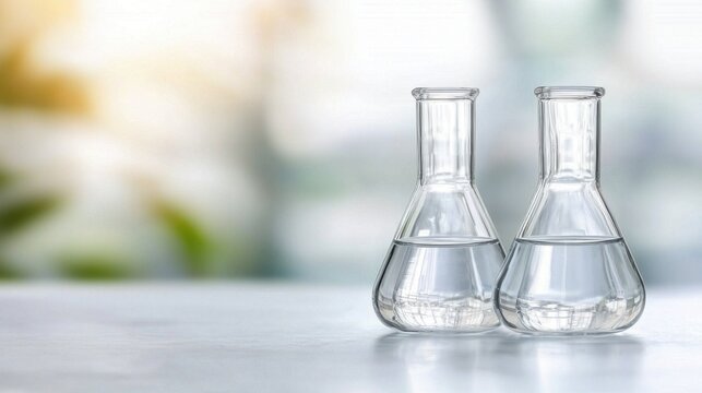 A couple of glass flasks sitting on top of a table