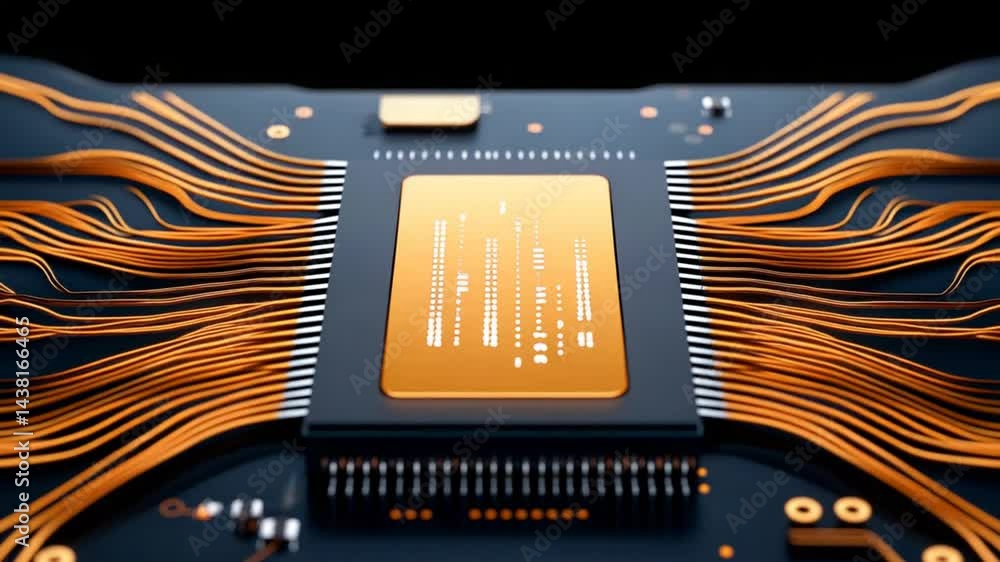 Poster high-tech microchip with copper connections on dark circuit board background