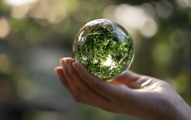 Hand holding a green globe in the concept of nature about management esg, sustainability, ecology and renewable energy for save the world environmental and conservation