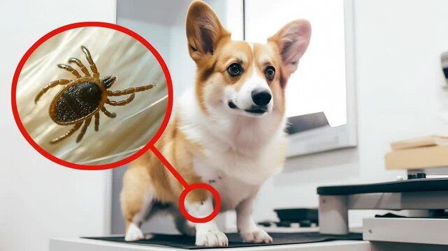 Corgi dog and collage macro a tick on the veterinarian&rsquo;s table looking into the camera, copy space. increased teak on the fur. concept of treatment for ticks and fleas and parasites.