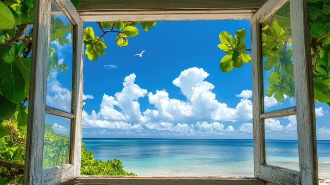 Fototapeta Dreamy island beach view with blue skies seen through a classic window frame