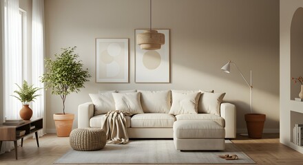 Serene Living Room Design Neutral Tones, Natural Light, and Cozy Comfort