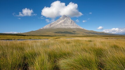 Obraz premium A grassy field with a mountain in the background