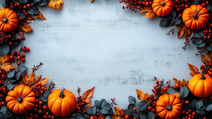Thanksgiving or harvest-themed border design with pumpkins and berries on white plank background  