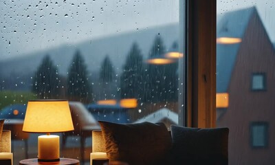 Interior of home living room from above with soft rain outside window made with Generative AI technology - Powered by Adobe
