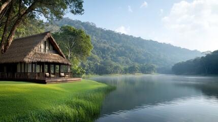 A house with a thatched roof next to a body of water