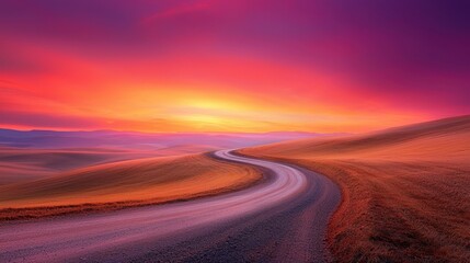 Naklejka premium A dirt road in the middle of a field at sunset