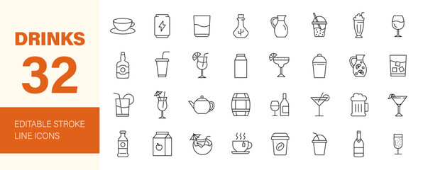 Drinks icon set. Beverages related line icons: wine, cocktail, beer, Juice, coffee, tea, milk, water, champagne, whiskey, martini and more. Editable stroke. Vector illustration.