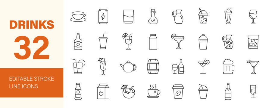 Drinks icon set. Beverages related line icons: wine, cocktail, beer, Juice, coffee, tea, milk, water, champagne, whiskey, martini and more. Editable stroke. Vector illustration.