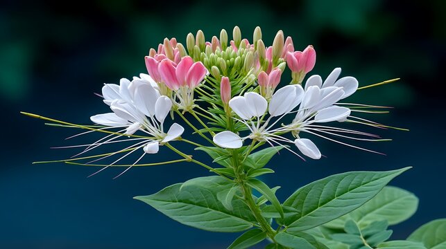 Blooming plant featuring white petals and pink buds against a softly blurred background