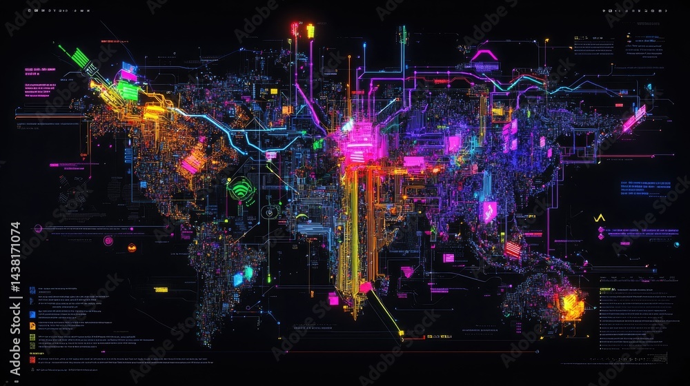 Poster High-tech themed pixel map highlighting urban centers and data lines
