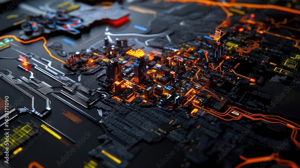 Poster High-tech themed pixel map highlighting urban centers and data lines