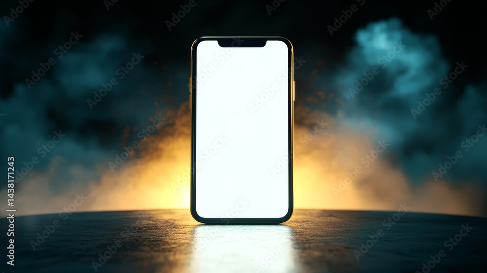 Poster white smartphone on dark background blank screen for mobile app or website design mockup