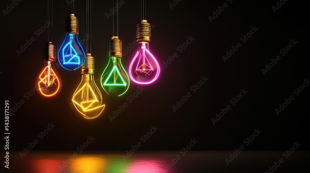 Poster illuminated light bulbs with modern triangle geometric elements on dark backdrop