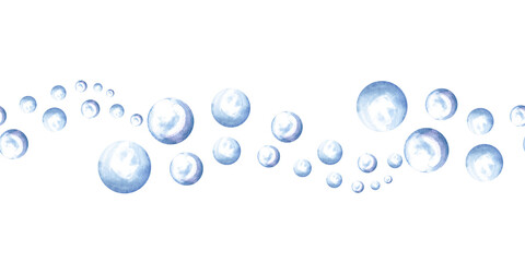 Soap bubbles wavy watercolor seamless border for kids design. Transparent air spheres from bath foam different size. Hand drawn isolated illustration spray of water blobs for baby wallpaper, textile.