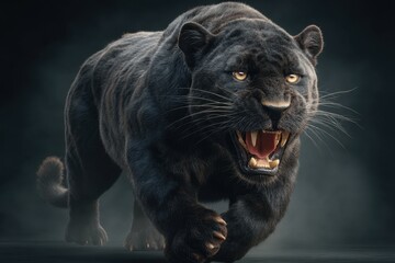 A black panther with its mouth open on a dark background