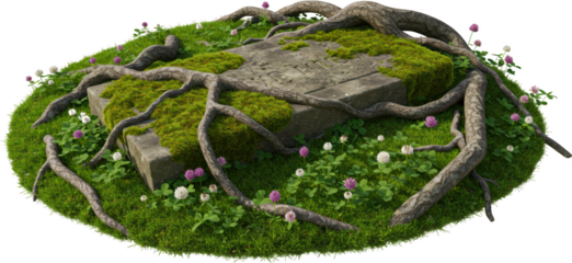 Ancient Stone Tombstone Overgrown with Moss Roots and Clover Flowers