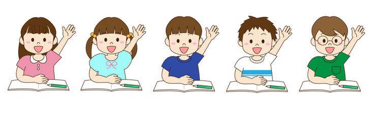 勉強する子どもたちが挙手するイラスト