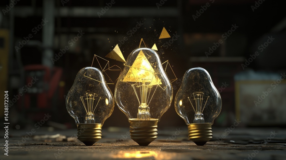 Poster light bulb trio emitting warm glow with digital triangle overlays