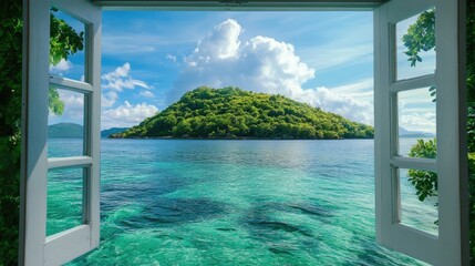 Lush green island with crystal water seen from an open window, breezy vacation vibe