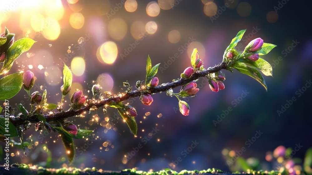 Poster natural scene of green twig with pink buds and glowing bokeh background