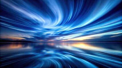 A mesmerizing blend of blue hues, as the sky and water merge into a swirling dreamscape, reflecting the golden glow of a distant sunset