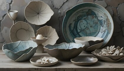 Fototapeta premium A set of ceramic bowls and leaf-shaped dishes displayed artfully, blending organic form and minimalist design in modern tableware and artisan dining aesthetics. 