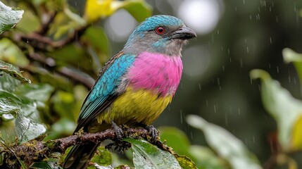 Fototapeta premium A colorful bird sitting on a branch in the rain