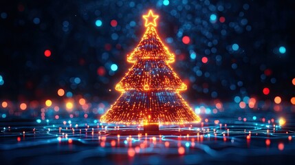 Christmas tree with lights in a technological style, representing digital transformation during holidays, blending traditional celebrations with the innovation of modern tech