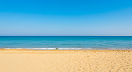 Beach scene with calm blue ocean and golden sand, natural landscape background, ideal for travel, vacation, and relaxation themes
