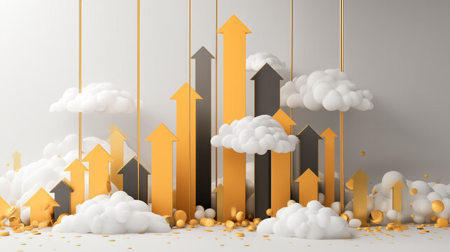 Abstract 3D Representation of Financial Growth Illustrated by Golden Arrows Rising Through Clouds