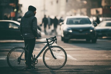 Urban Cyclist Paused at Street Corner with Product on Bike