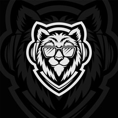 Tiger with eyeglasses, mascot esport illustration logo design, black white