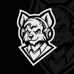 Wolf with headset, mascot esport illustration logo design, black white