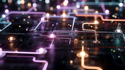 3D Visualization of a Tech-Driven Business Ecosystem with Data Flowing Through Neon Pipelines