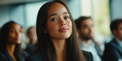 A woman sitting in a conference room, looking serious.