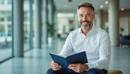 Obraz premium A mature man with a neatly trimmed beard and short hair smiles confidently while seated and holding a dark blue notebook in a modern, brightly lit office lobby.