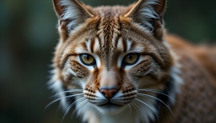 Close-up portrait of a lynx with intense gaze, showcasing the raw beauty and fierce majesty of this elusive wildcat in detailed photographic clarity.
