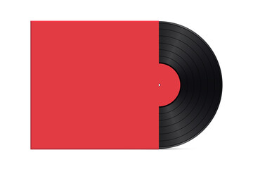 Black vinyl record partially slid out from red square sleeve on transparent background. Minimalistic realistic vector illustration.