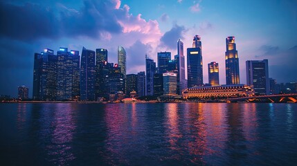 Fototapeta premium City skyline at dusk with illuminated skyscrapers and urban landscapes, perfect for travel, business, and cityscape themes