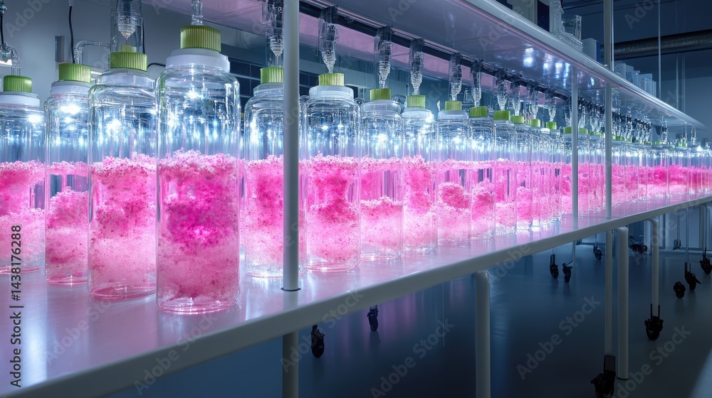 Poster precision lab setup with rows of pink-filled tubes, dramatic lighting
