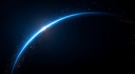 Fototapeta premium Blue illuminated earth horizon from space with starlight and glowing atmosphere, futuristic astronomy and technology concept, ideal for innovation and digital transformation backgrounds