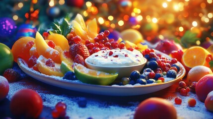 Obraz premium Festive fruit platter with creamy dip, a vibrant Christmas display.